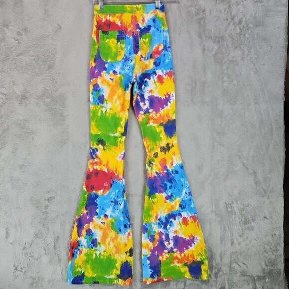 2BME Fashion Jeans Womens S High Rise Bell Bottom Flare Rainbow Tie Dye Boho - Picture 2 of 10
